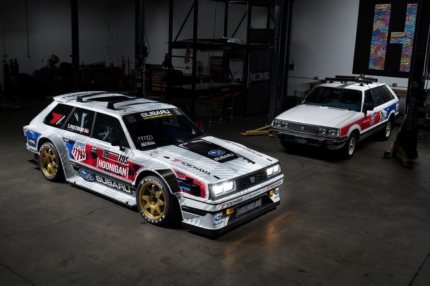 Travis Pastrana's new Gymkhana cars in a garage