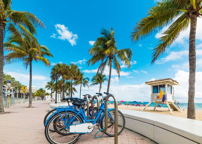 Bicycles parked on Fort Lauderdale seafront. Southnern Florida, USA